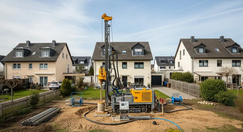 Erdwärmebohrung in einem Mannheimer Wohngebiet im Stadtteil Feudenheim