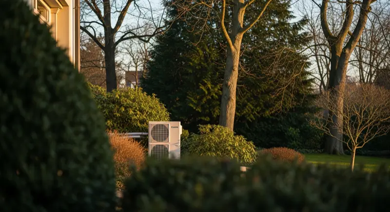 Moderne Luft-Wasser-Wärmepumpe im Garten eines Einfamilienhauses in Mannheim-Feudenheim mit Blick auf den Wasserturm