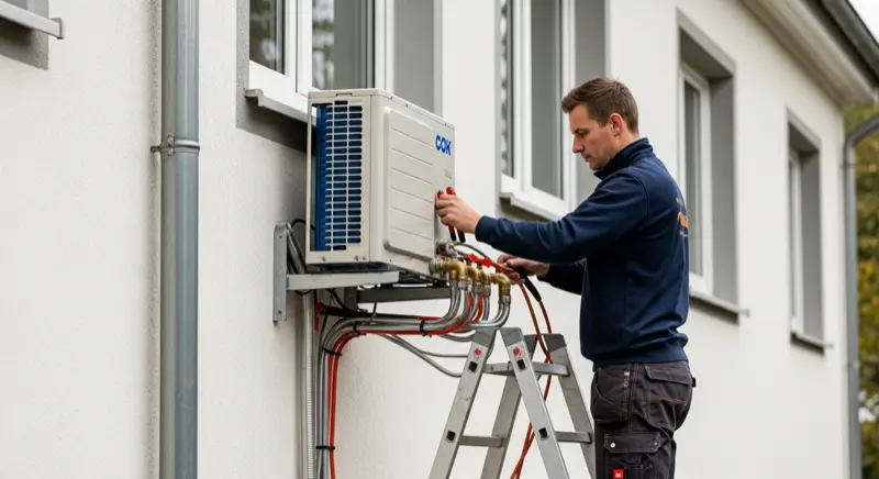 Fachhandwerker bei der Installation einer Wärmepumpe in einem Mannheimer Einfamilienhaus