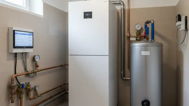 Moderner Technikraum mit Wärmepumpen-Inneneinheit und Pufferspeicher in einem Mannheimer Keller