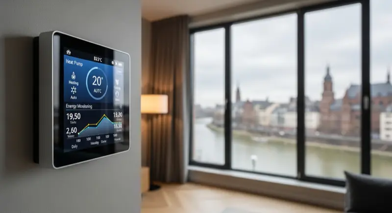 Smart-Home-Display mit Wärmepumpen-Steuerung und Energieverbrauchsanzeige in einem modernen Mannheimer Wohnzimmer