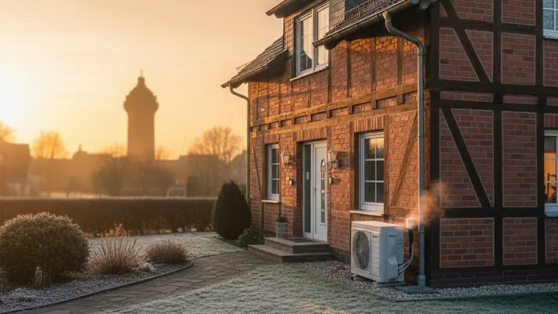 Einfamilienhaus in Mannheim-Wallstadt im Winter mit laufender Wärmepumpe und warmem Licht