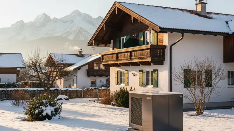Moderne Luft-Wasser-Wärmepumpe im Garten einer Münchner Villa in Solln mit Alpenblick im Hintergrund