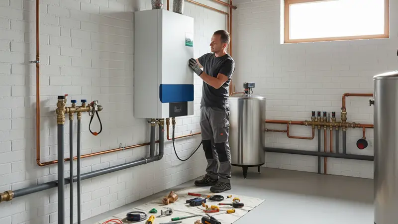 Fachhandwerker bei der Installation einer Erdwärmepumpe in einem Münchner Einfamilienhaus