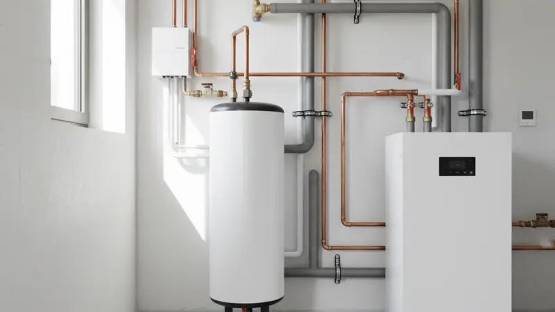 Moderner Technikraum mit Wärmepumpen-Inneneinheit und Pufferspeicher in einem Münchner Keller