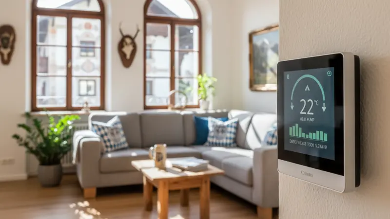 Smart-Home-Display mit Wärmepumpen-Steuerung und Energieverbrauchsanzeige in einem modernen Münchner Wohnzimmer
