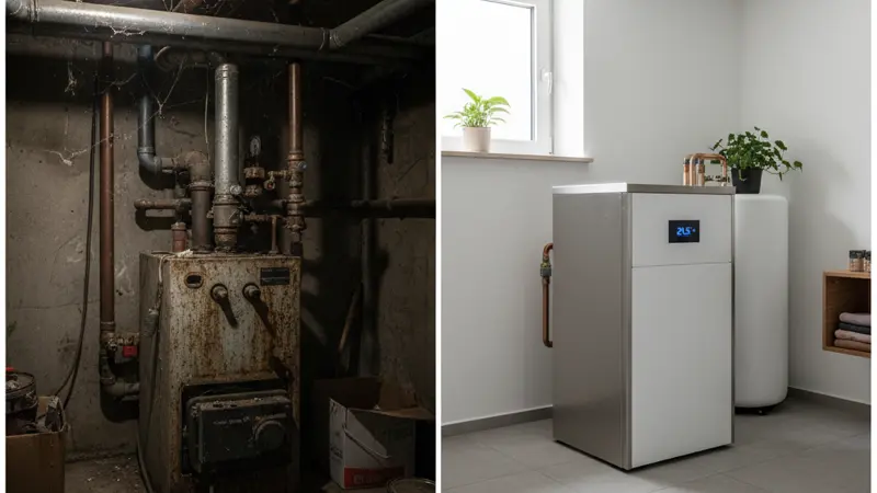 Verschiedene Wärmepumpen-Typen im Vergleich für Münchner Wohngebäude mit Alpen im Hintergrund