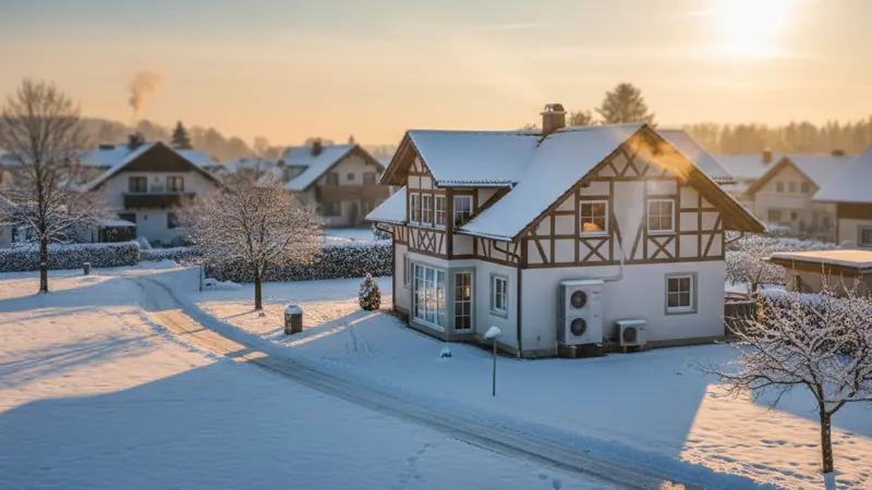 Einfamilienhaus in München-Solln im Winter mit laufender Wärmepumpe, Alpenblick und warmem Licht