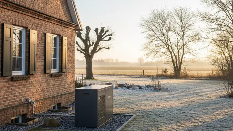 Moderne Luft-Wasser-Wärmepumpe vor einem vogtländischen Sandsteinhaus in Plauen-Chrieschwitz mit Reichswald im Hintergrund