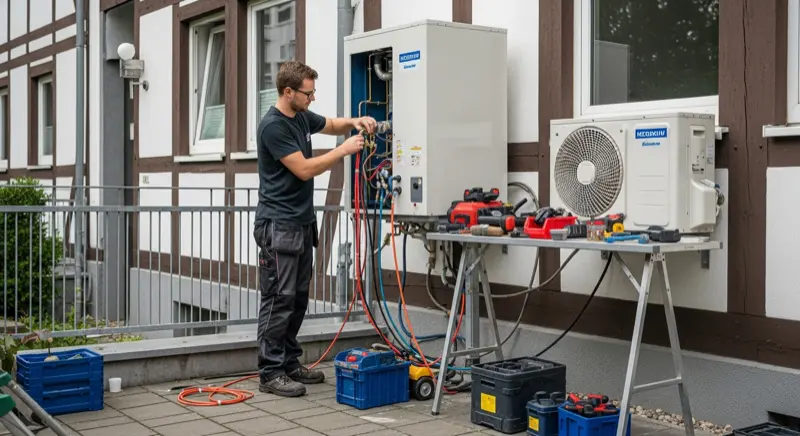 Fachinstallateur bei der Montage einer Wärmepumpe an einem Siegburger Einfamilienhaus