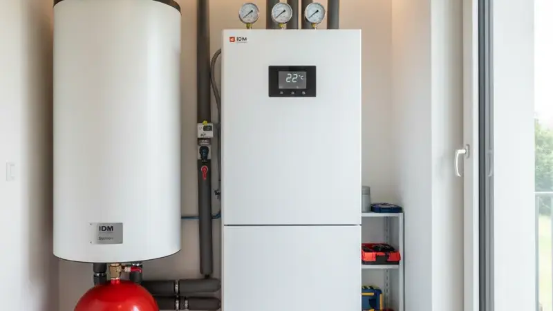 Moderner Technikraum mit Wärmepumpe, Pufferspeicher und Hydraulik in einem Soester Keller