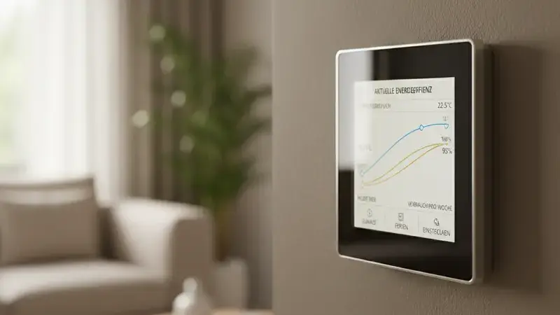 Smart-Home-Display mit Wärmepumpen-Steuerung in einem modernen Plauener Wohnzimmer