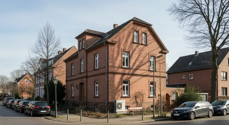 Gründerzeitfassade in der Unnaer Südstadt mit moderner Wärmepumpe im Hinterhof