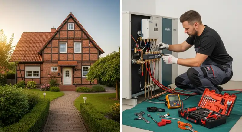 Fachinstallateur bei der Montage einer Wärmepumpe an einem Unnaer Einfamilienhaus