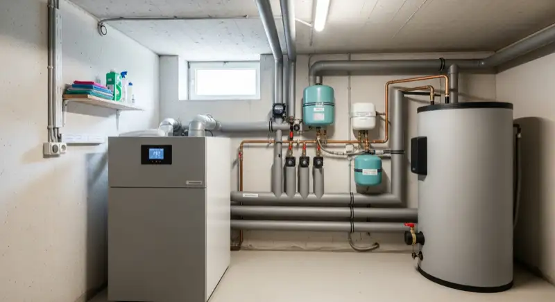 Moderner Technikraum mit Wärmepumpe, Pufferspeicher und Hydraulik in einem Unnaer Keller