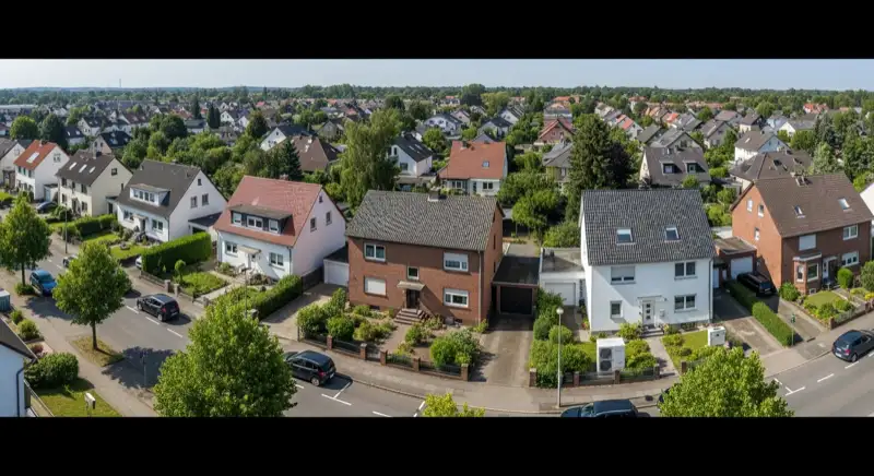 Unnaer Wohnviertel mit gemischter Architektur, Blick über Dächer über typische Wohnquartiere