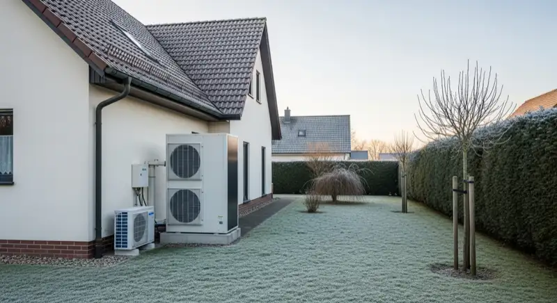 Winterszene in einem Unnaer Vorort mit Wärmepumpe am Einfamilienhaus und typische Wohnlage in Unna