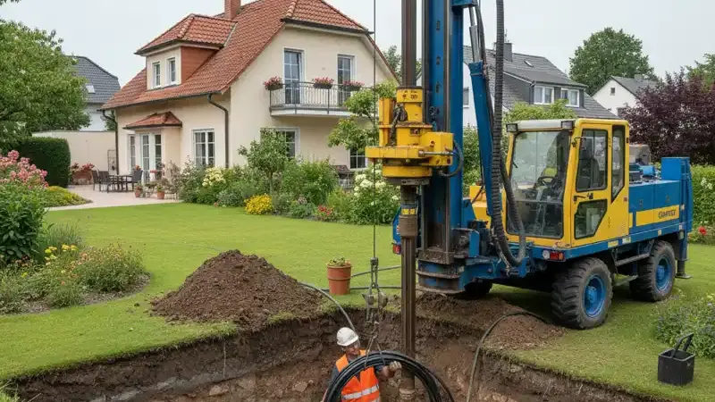 Erdwärmebohrung auf einem Grundstück in den Warendorfer Randlagen mit professionellem Bohrgerät