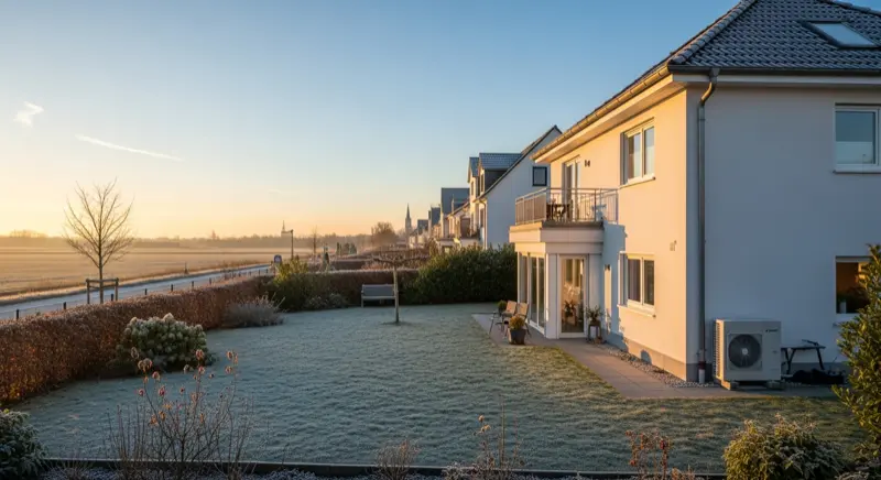 Winterszene in einem Warendorfer Vorort mit Wärmepumpe am Einfamilienhaus und Blick auf den Rhein