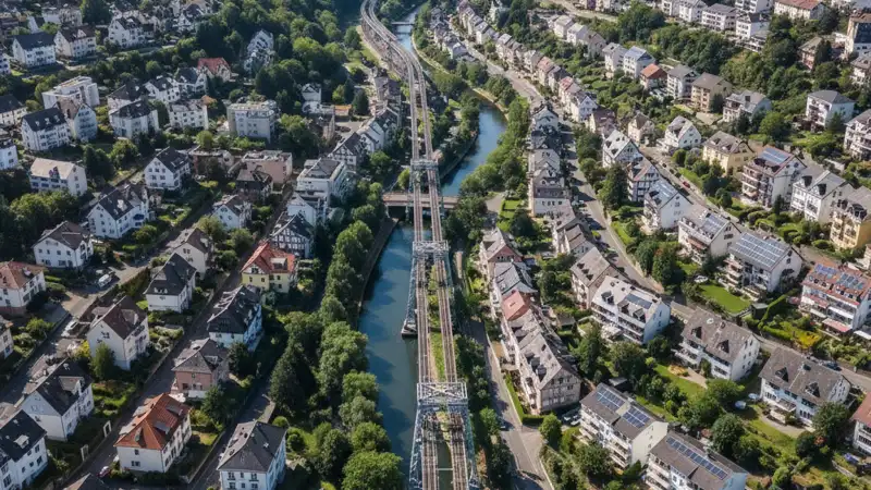 Wuppertal Schwebebahn mit Solaranlagen auf Dächern im Hintergrund