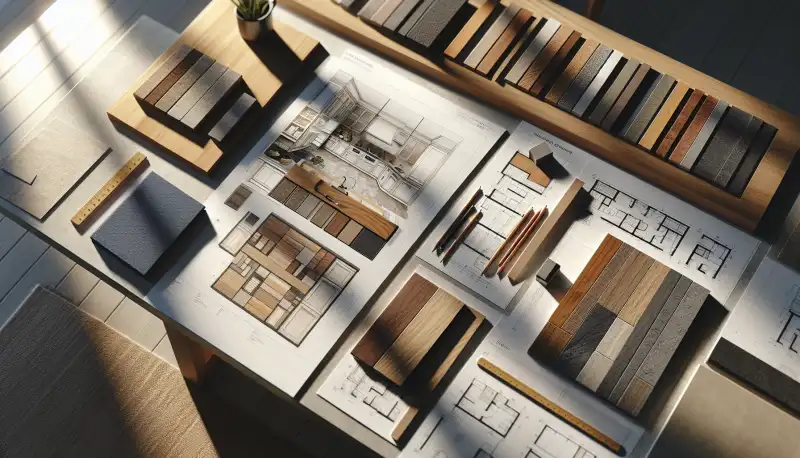Küchenplanung mit Grundriss und Materialmustern auf einem Tisch