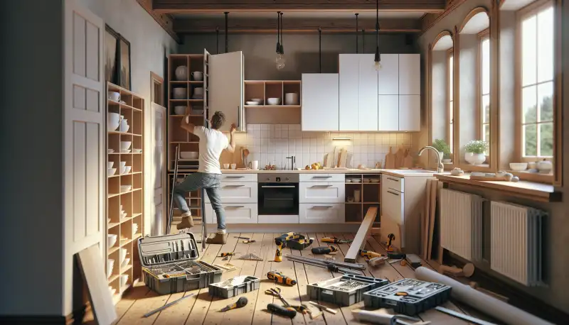 Küchenmontage in einer Aachener Wohnung, Handwerker bei der Installation
