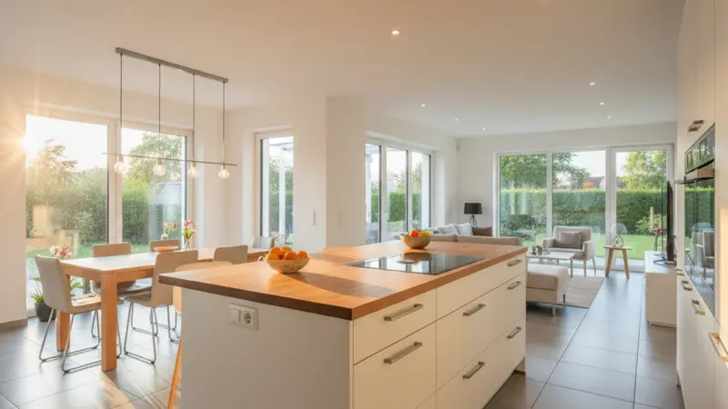 Moderne offene Wohnküche in einem Altenaer Neubau mit Blick auf die Skyline