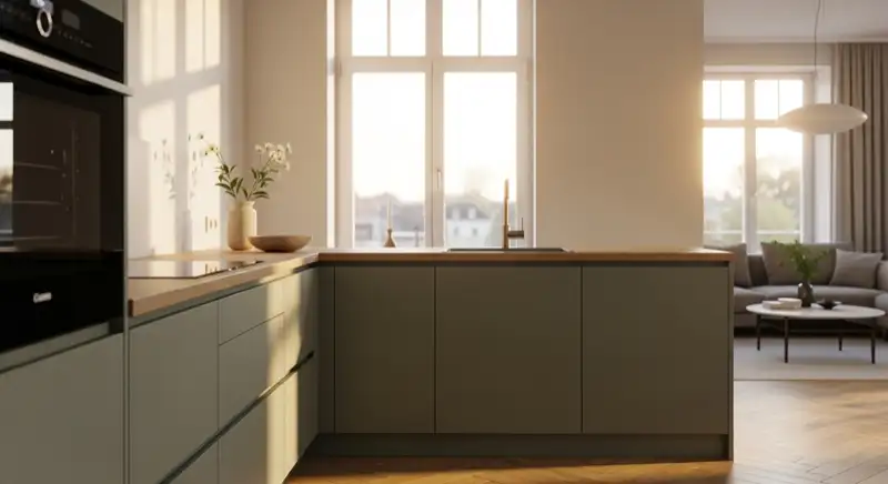Elegante L-Küche mit matten Fronten und heller Arbeitsplatte in einem Bergisch Gladbacher Einfamilienhaus