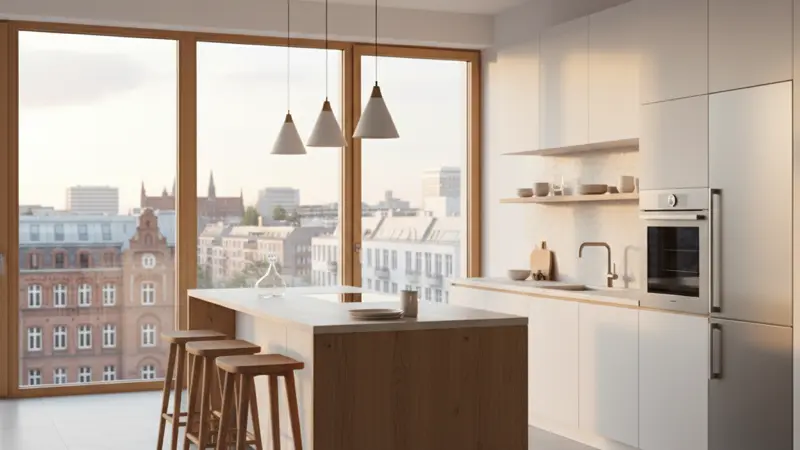 Moderne Küche in Berlin, helle Einbauküche mit Kochinsel