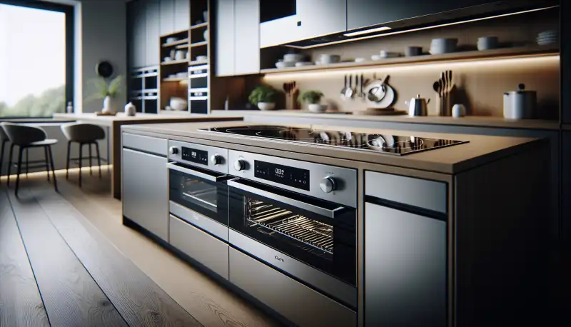 Hochwertige Einbau-Elektrogeräte in einer modernen Küche, Edelstahl Backofen und Induktionskochfeld