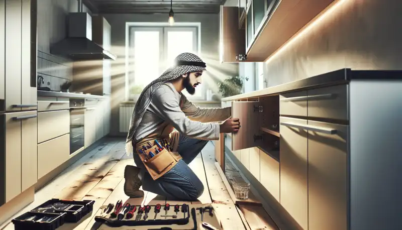 Professioneller Küchenmonteur beim Einbau von Hängeschränken in einer Bielefelder Küche