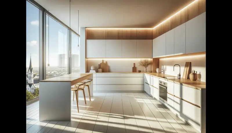 Moderne Einbauküche in einer Bochumer Wohnung mit hellem Design und Holzakzenten