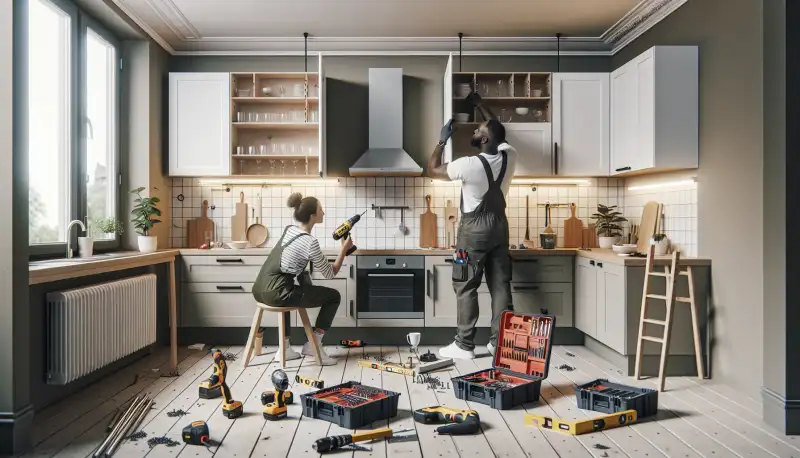 Professionelle Küchenmontage: Monteur befestigt Oberschränke in einer Bonner Küche