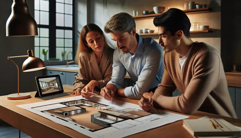 Küchenplanung am Tisch mit Grundriss und 3D-Visualisierung auf dem Tablet