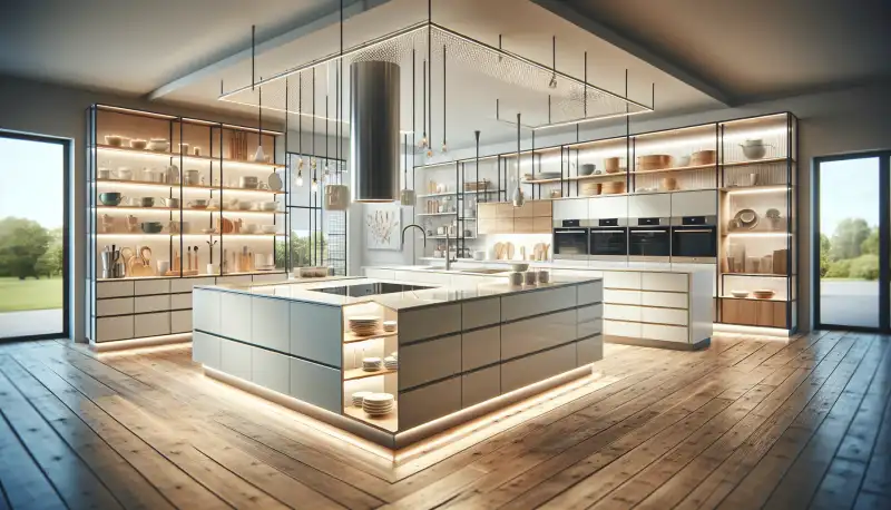 Innenansicht eines Küchenstudios in Bonn mit mehreren Ausstellungsküchen