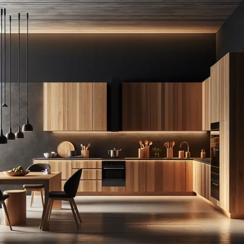 Moderne Küche mit natürlichen Materialien, Holzfronten und schwarzen Akzenten