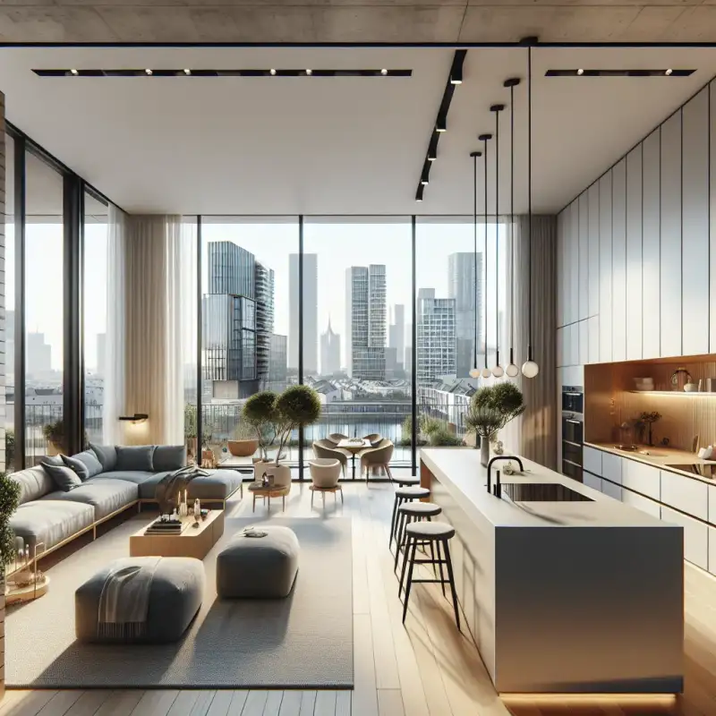 Moderne offene Wohnküche in einem Coesfelder Neubau mit Blick auf die Skyline