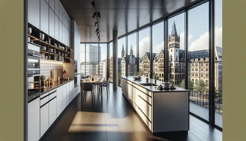 Moderne Küche in einer Düsseldorfer Wohnung mit Blick auf die Altstadt