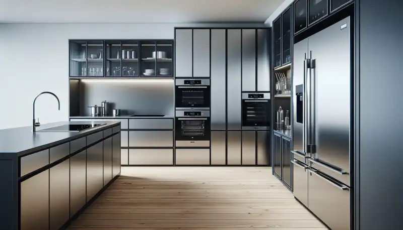 Moderne Einbau Küchengeräte aus Edelstahl und dunklem Glas in einer minimalistischen Küche