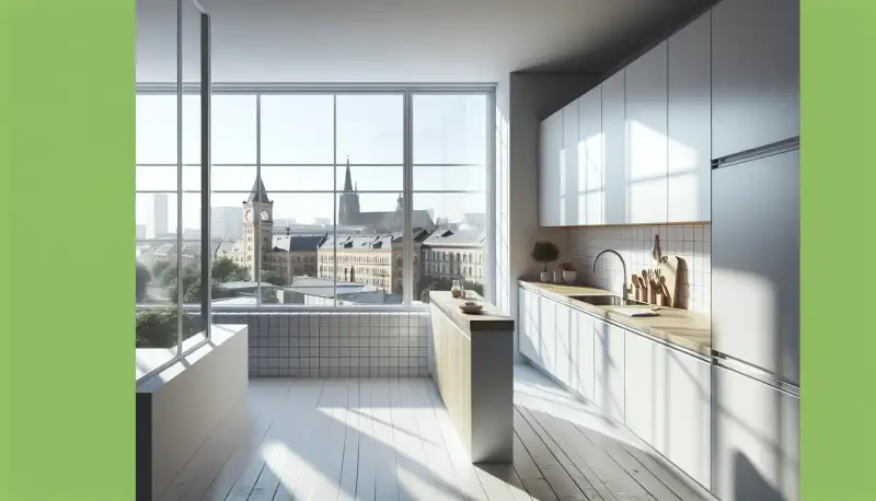 Moderne Einbauküche in einer Duisburger Wohnung mit hellen Fronten und Eichenholz Arbeitsplatte