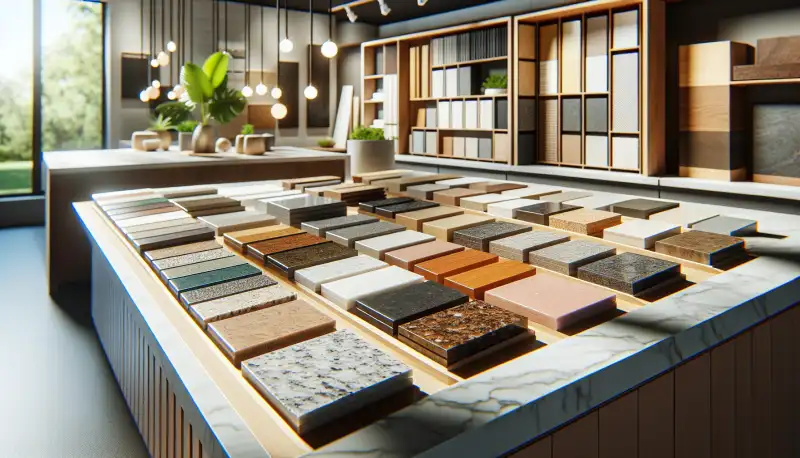 Verschiedene Arbeitsplatten Materialien: Granit, Quarz, Holz und Laminat Muster auf einem Beratungstisch