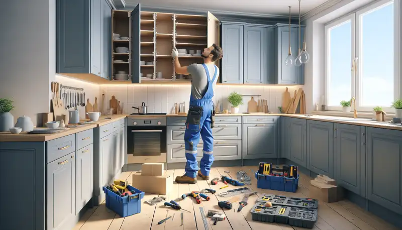 Küchenmonteur bei der Installation von Oberschränken in einer Duisburger Wohnung