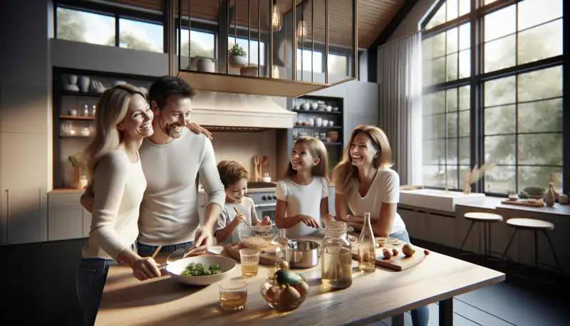 Familie kocht gemeinsam in ihrer neuen Küche in Duisburg