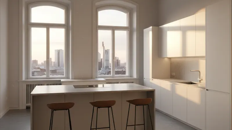 Moderne Küche in Frankfurt, helle Einbauküche mit Kochinsel