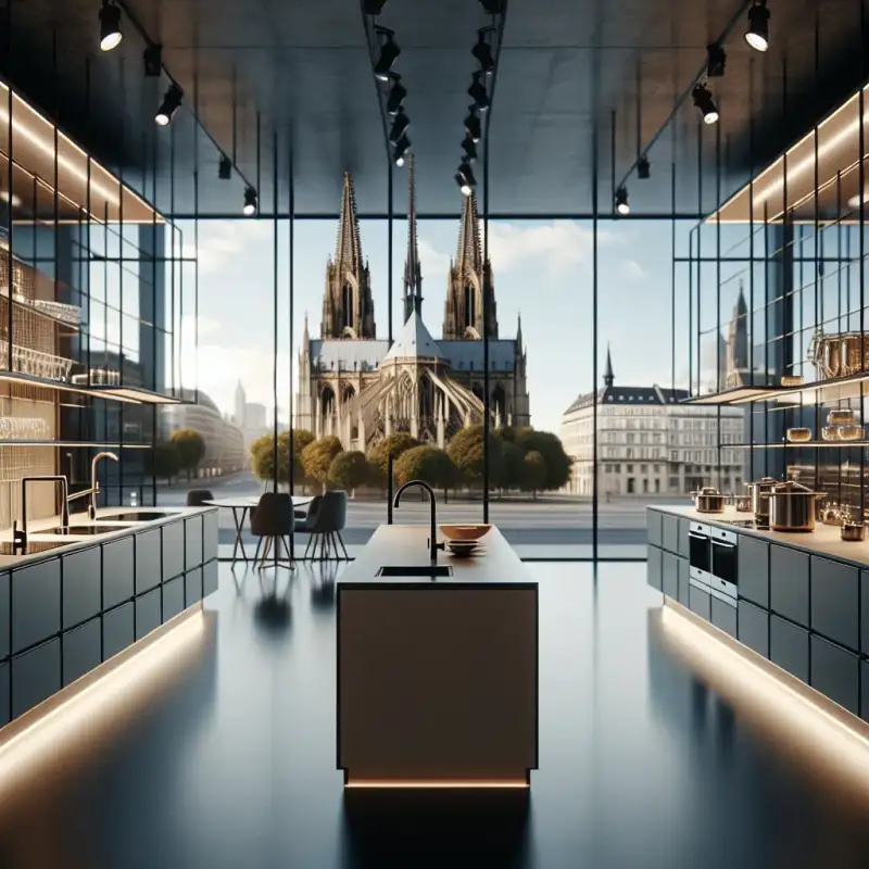 Moderne Küchenausstellung in einem Frechener Küchenstudio mit Blick auf den Dom