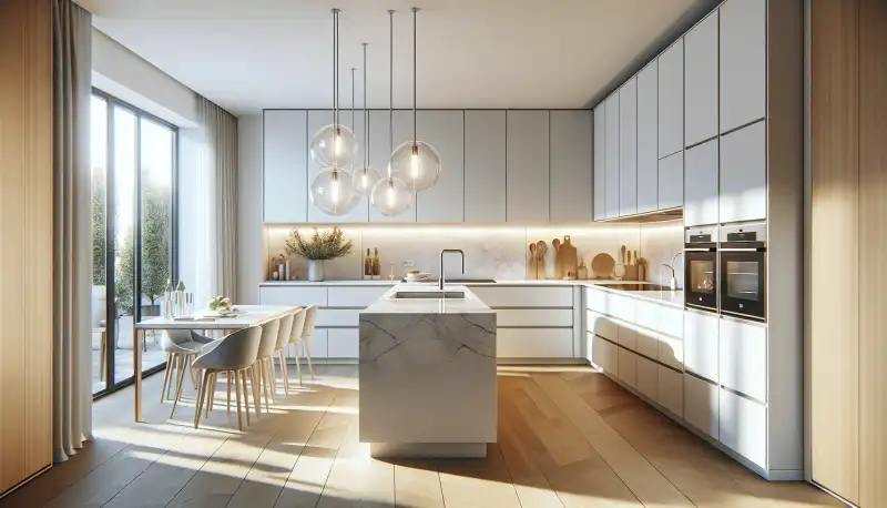 Moderne Einbauküche in einer Gelsenkirchener Wohnung mit hellen Fronten und Quarzstein Arbeitsplatte