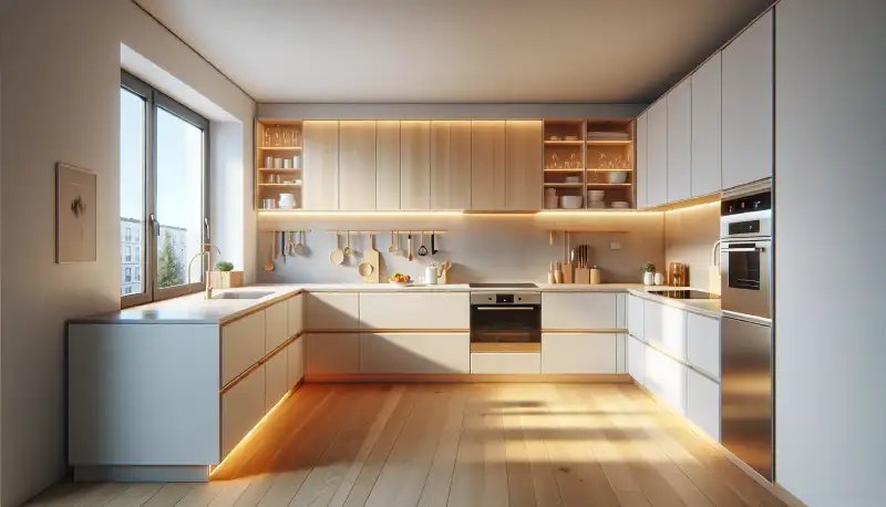 Moderne Einbauküche in einer Gelsenkirchener Wohnung mit hellen Fronten und Quarz Arbeitsplatte