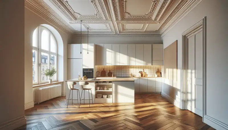 Moderne L Küche mit weißen Fronten in einer renovierten Hagener Altbauwohnung mit hohen Stuckdecken und Parkett