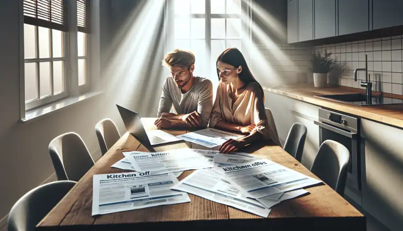 Junges Paar vergleicht drei Küchenangebote am Küchentisch mit Laptop und Dokumenten