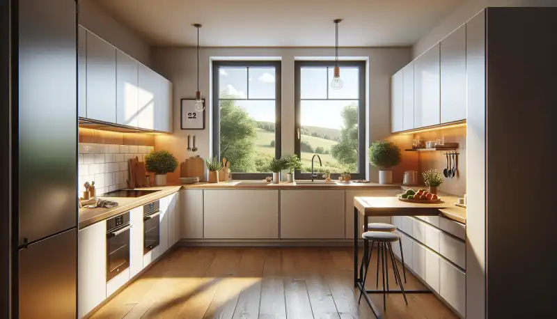 Moderne Einbauküche mit hellen Fronten in einer renovierten Hagener Wohnung mit Blick auf grüne Hügel